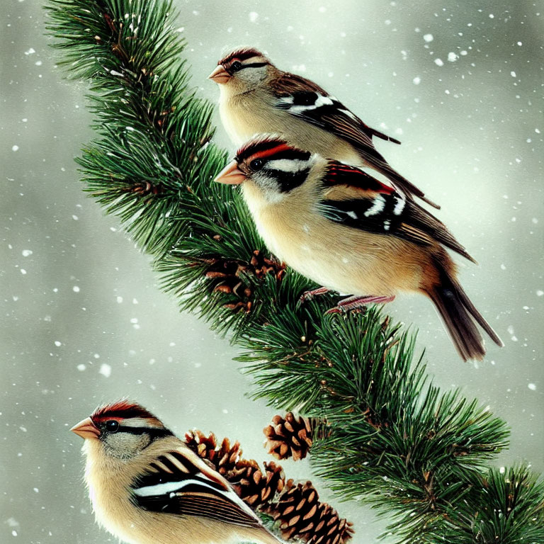 Three Sparrows Perched on Pine Branch with Pine Cones in Snowfall