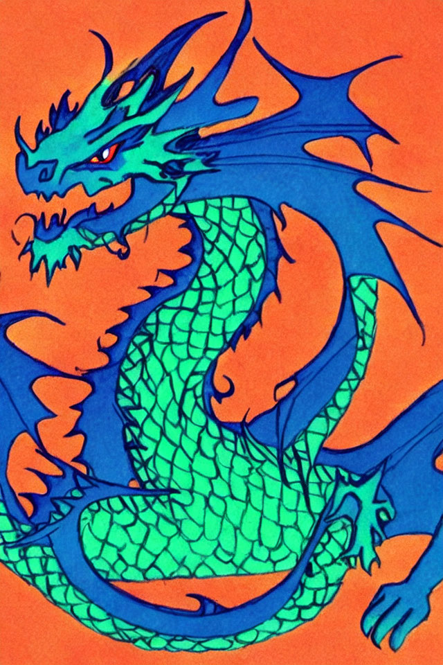 Detailed Blue-Green Dragon Illustration on Orange Background