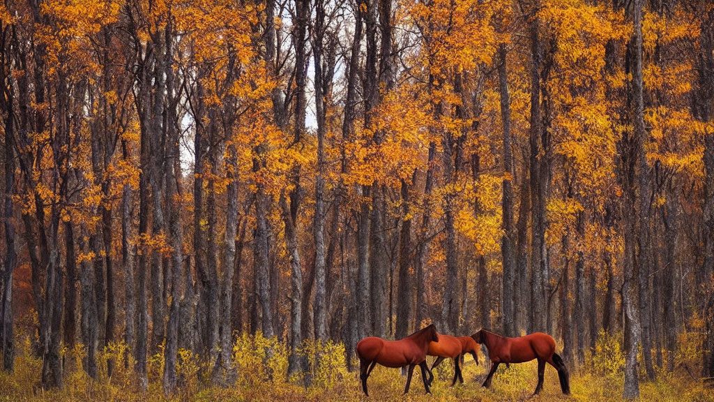 Autumn forest scene with two horses among golden leaves