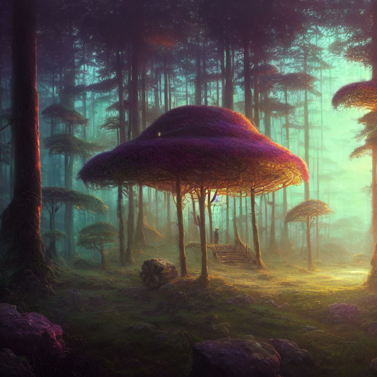 Enchanting forest landscape with oversized mushrooms and mystical fog.