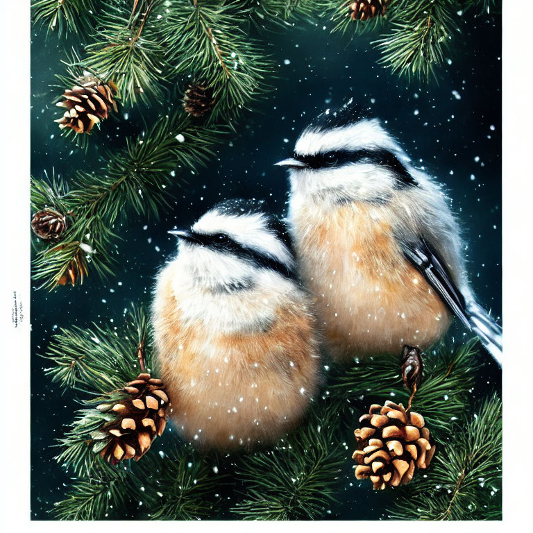 Fluffy chickadees on pine branches in falling snowflakes