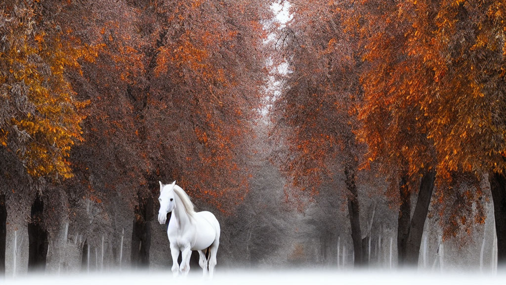 Majestic white horse in autumn forest scene