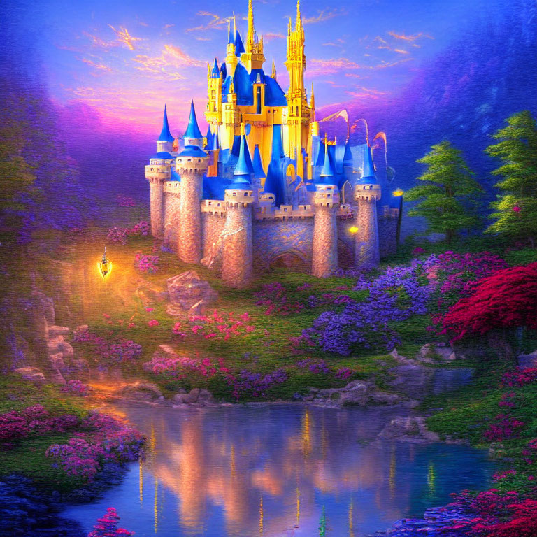 Fairytale castle in lush garden with pond at twilight