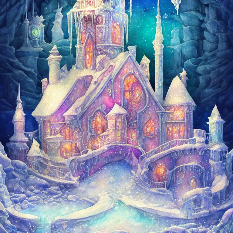 Vibrant illustration: whimsical ice castle with glowing windows amid frosty stalactites