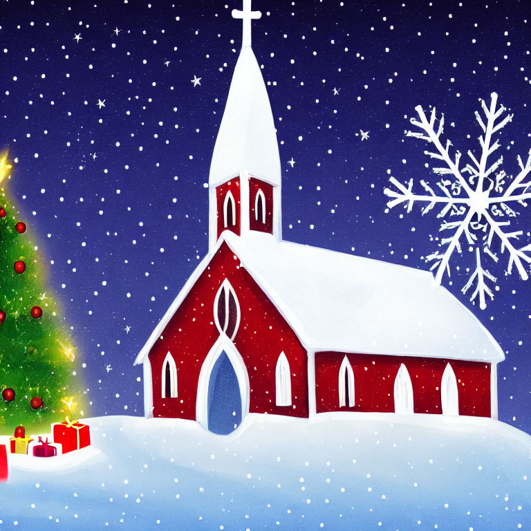 Red Church and Christmas Tree in Snowy Night Scene