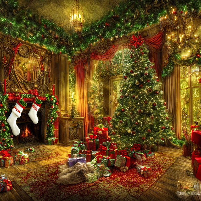 Festive Christmas scene with decorated tree, fireplace, stockings, and presents