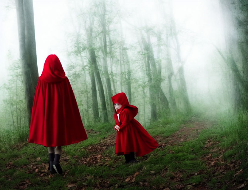 Two figures in red cloaks in misty forest setting.