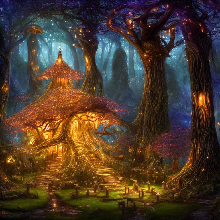 Enchanting forest scene with luminescent flora and grand treehouse