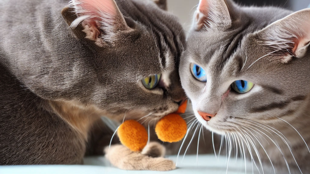 Two Gray Cats with Striking Blue Eyes Sharing a Toy