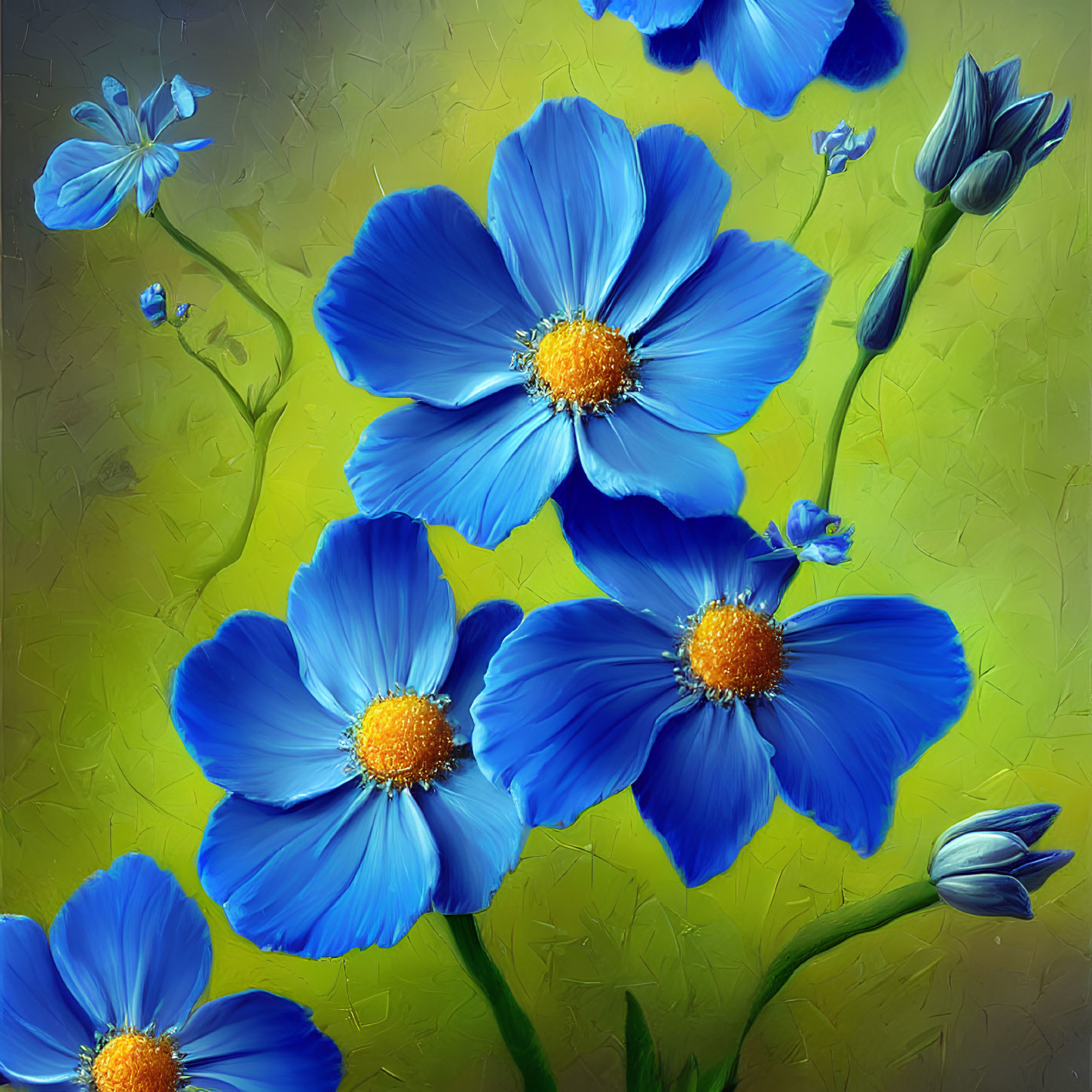 Blue and Gold Flower Painting on Textured Yellow Background