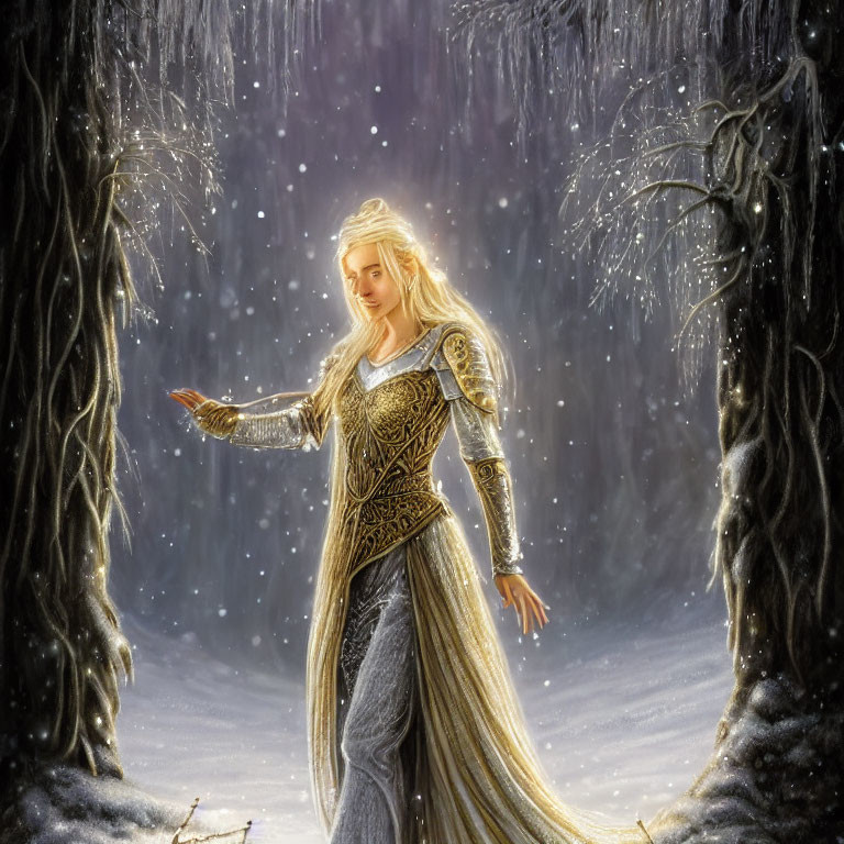 Blonde woman in golden armor and gown in snowy forest.