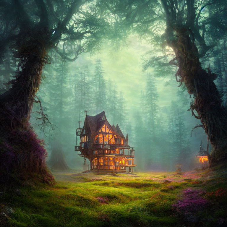 Victorian-style house in mystical forest with purple flowers