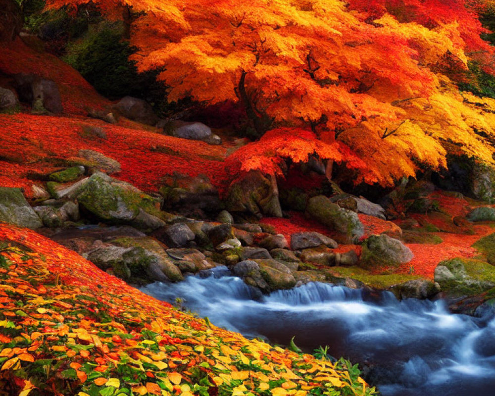 Colorful autumn leaves cascade over rocky stream in forest