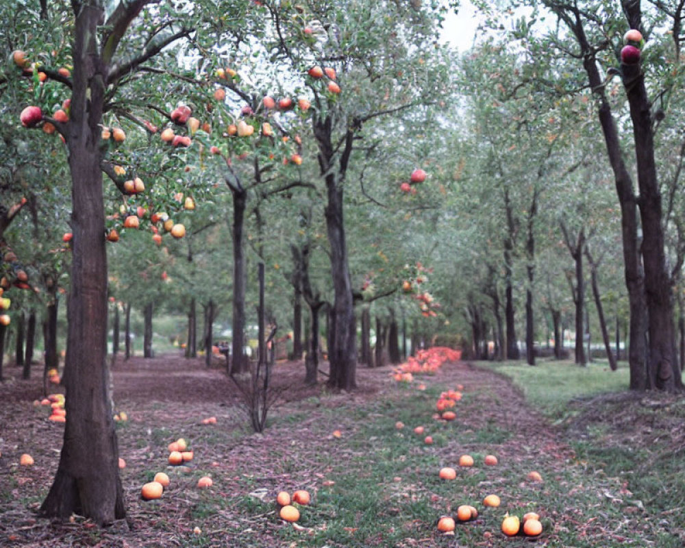 Ripe apples on trees and ground in apple orchard with pathway