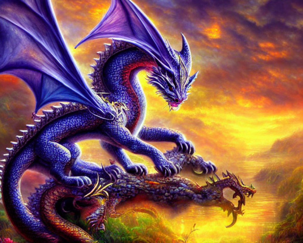 Blue dragon with expansive wings in vivid sunset landscape