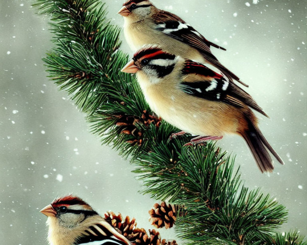 Three Sparrows Perched on Pine Branch with Pine Cones in Snowfall