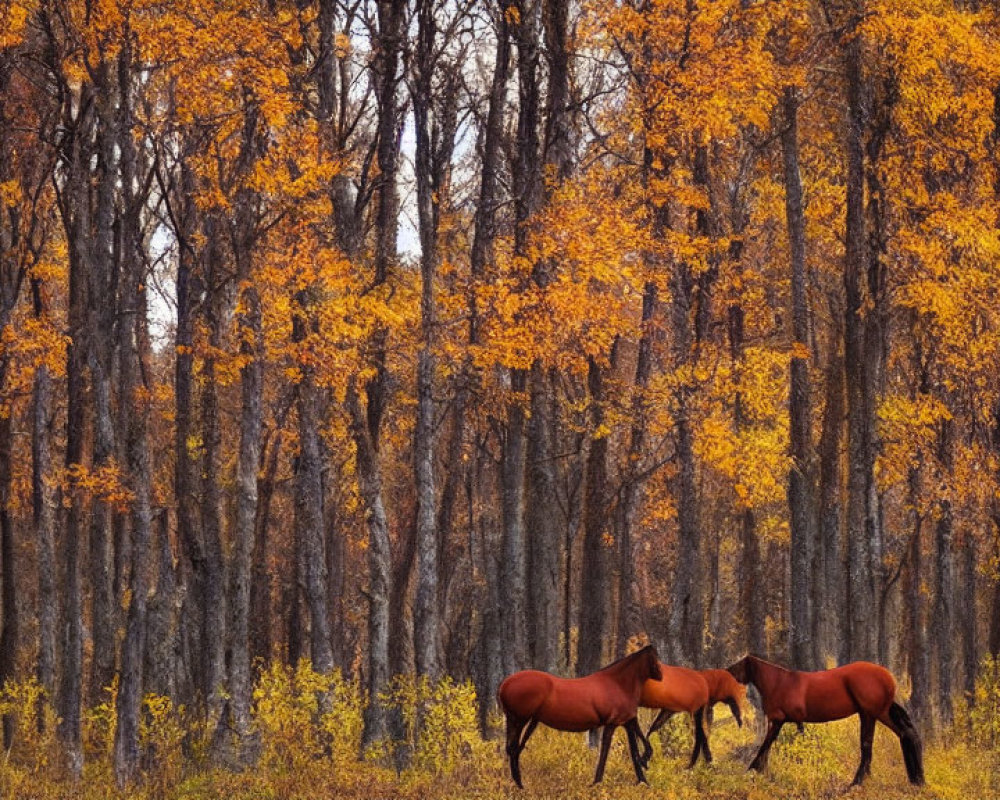 Autumn forest scene with two horses among golden leaves