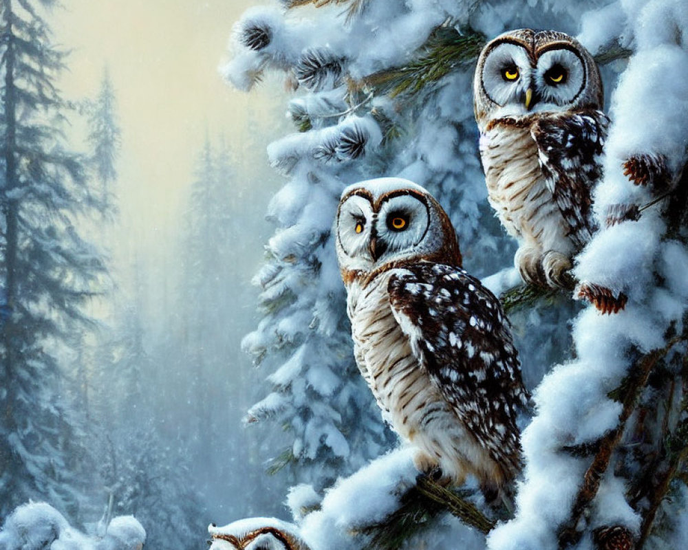 Three Snowy Owls Perched on Branch in Snowy Forest