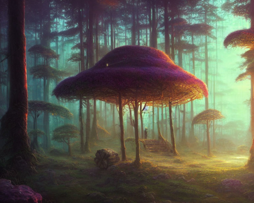 Enchanting forest landscape with oversized mushrooms and mystical fog.