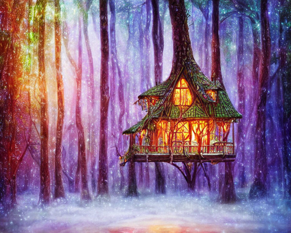 Whimsical cottage in vibrant enchanted forest