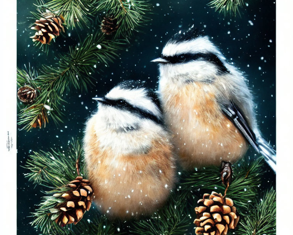 Fluffy chickadees on pine branches in falling snowflakes