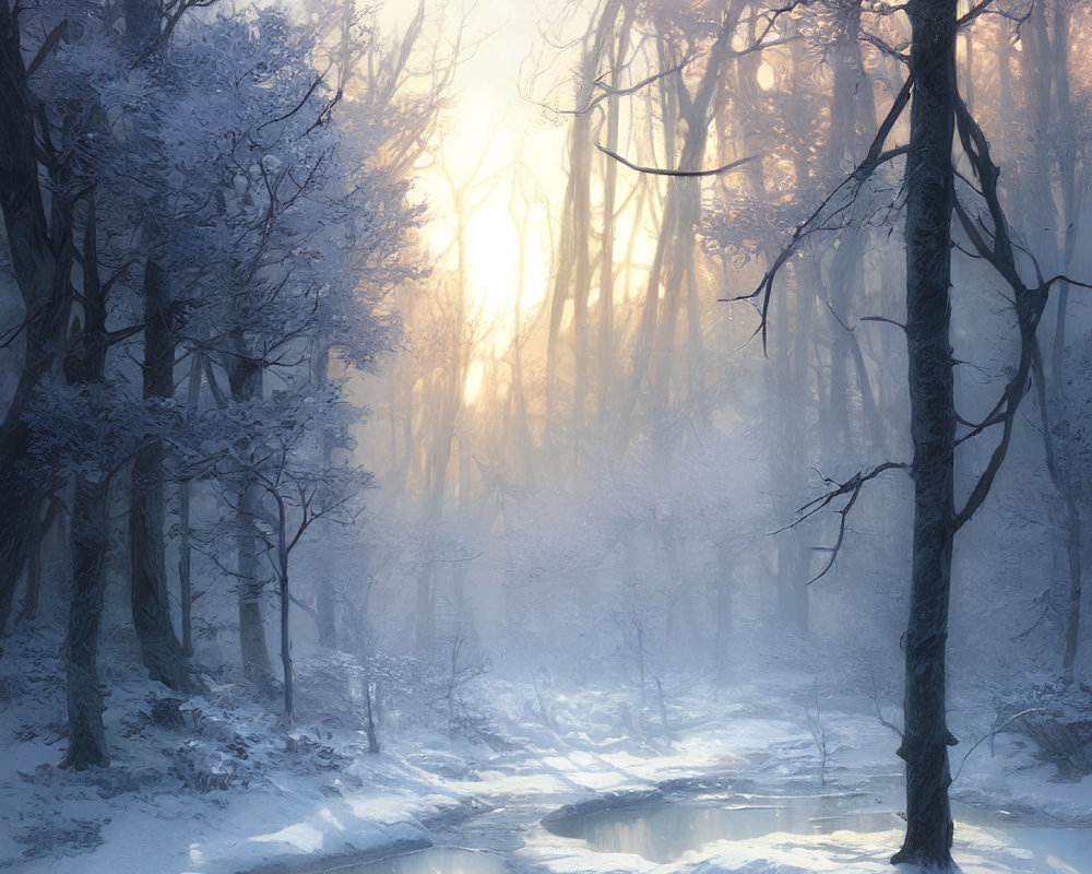 Winter forest scene with snow-covered trees, stream, sunlight, and red-cloaked figure