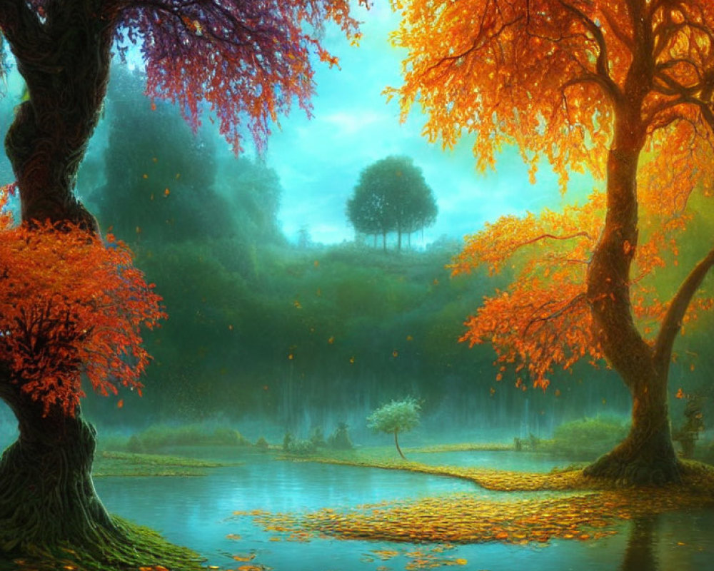 Tranquil autumn landscape with vibrant trees by a serene lake