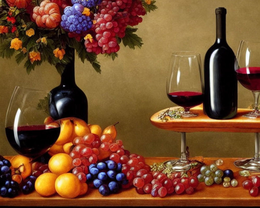 Colorful Fruits and Wine Glasses on Table Scene