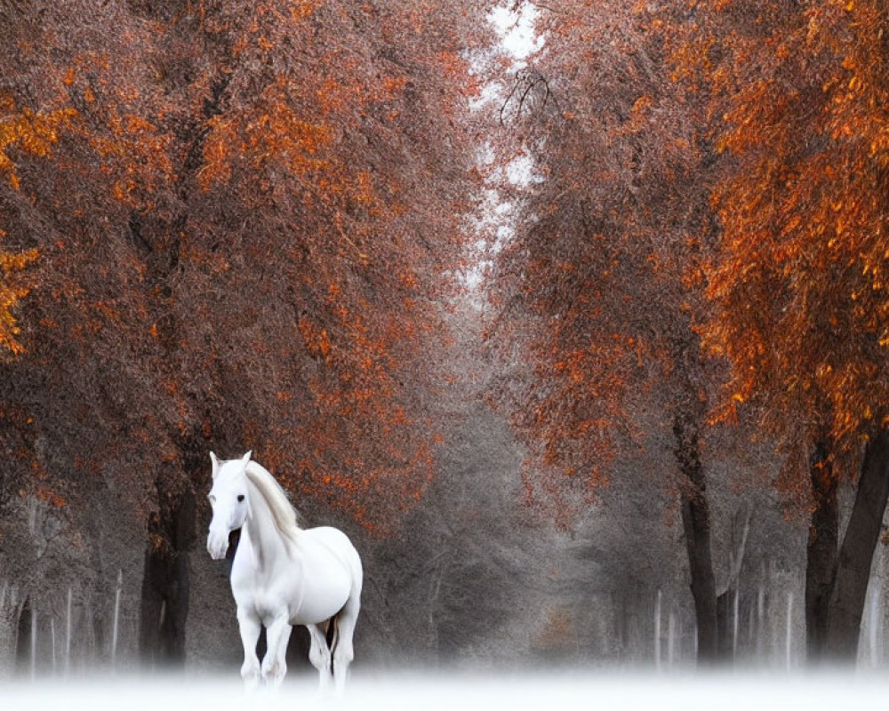 Majestic white horse in autumn forest scene