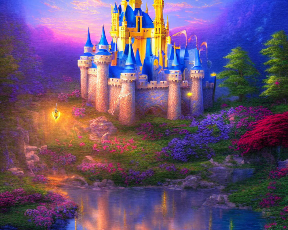 Fairytale castle in lush garden with pond at twilight