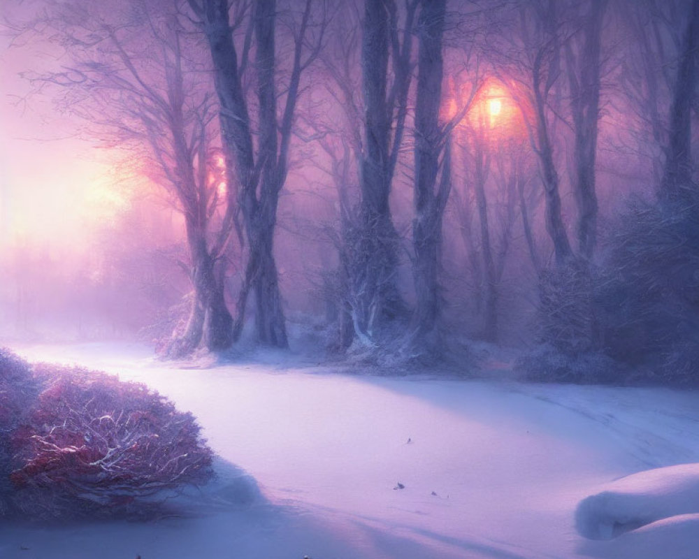 Surreal snowy landscape with bare trees in soft pink glow