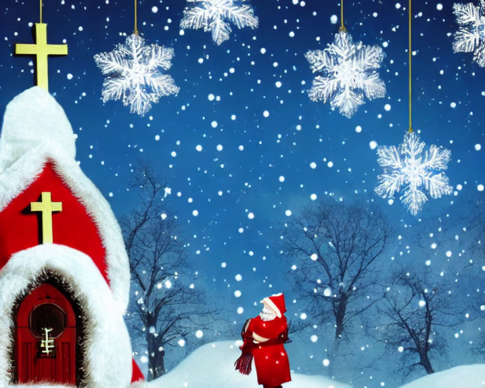 Santa Claus admiring snowflakes by red church in snowy night.