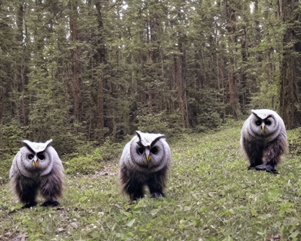 Three owl-faced creatures in forest clearing with pine trees.