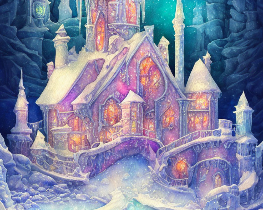 Vibrant illustration: whimsical ice castle with glowing windows amid frosty stalactites