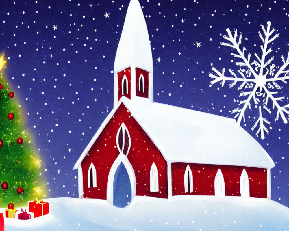 Red Church and Christmas Tree in Snowy Night Scene