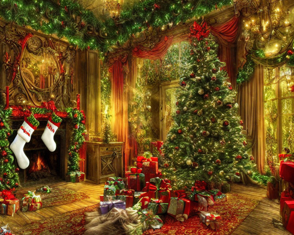 Festive Christmas scene with decorated tree, fireplace, stockings, and presents