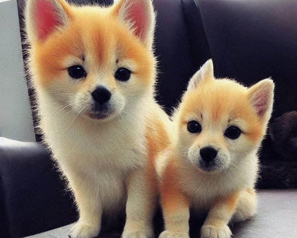 Fluffy Orange and White Pomeranian Puppies Side by Side