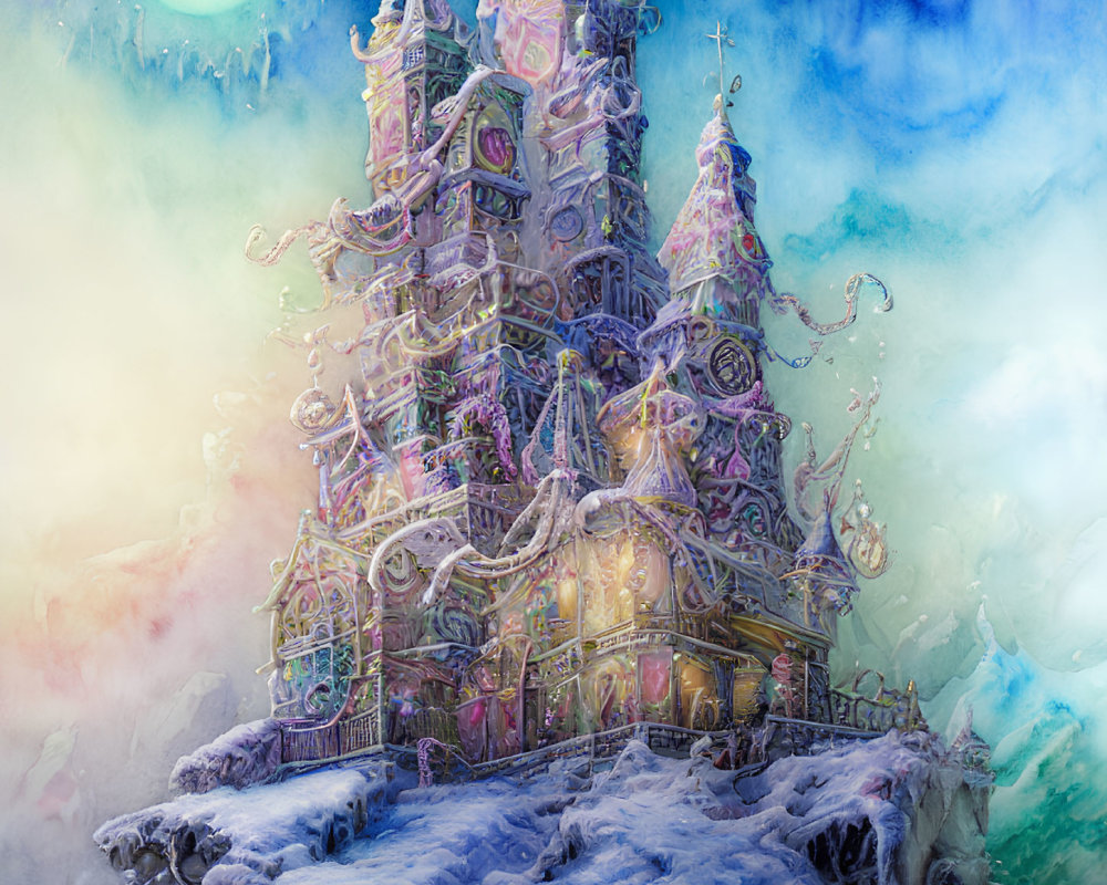 Snow-covered castle with pastel towers under magical sky