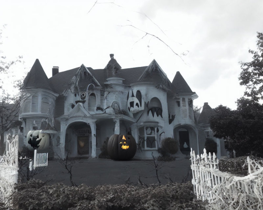 Spooky Halloween decorations at a haunted house