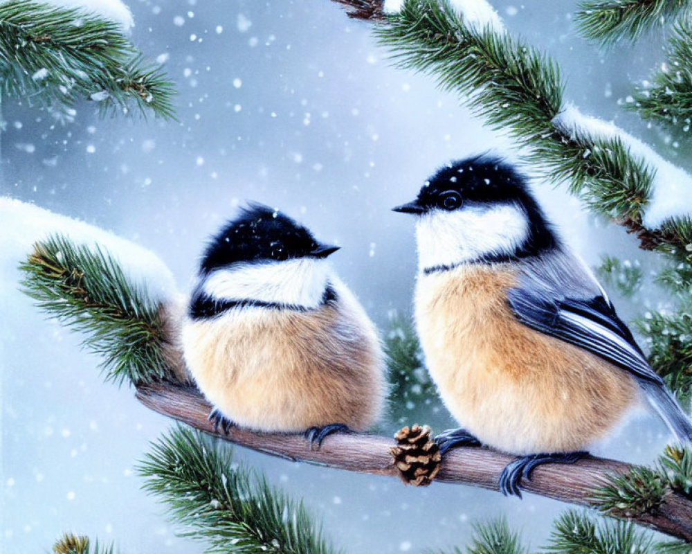 Fluffy chickadees on snowy pine branch with falling snowflakes.