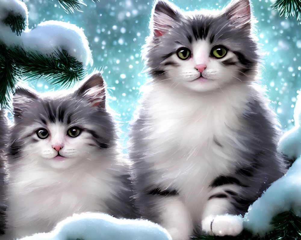 Fluffy cats with green eyes under pine branches in snowfall