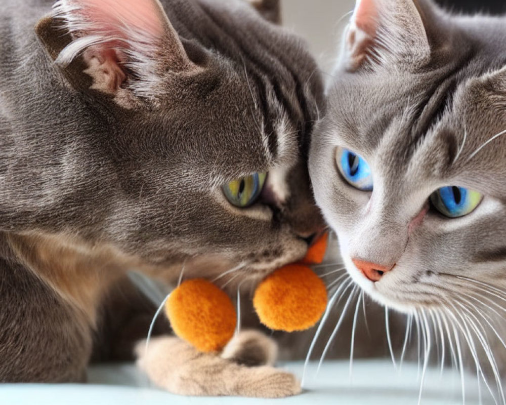 Two Gray Cats with Striking Blue Eyes Sharing a Toy