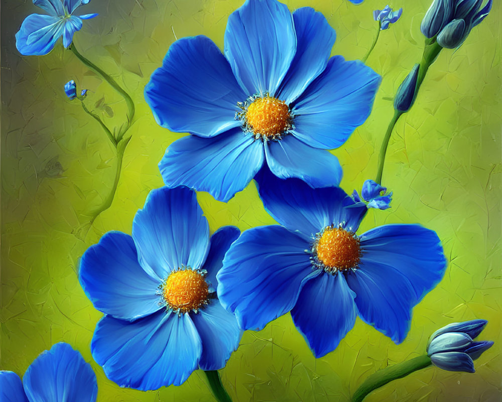 Blue and Gold Flower Painting on Textured Yellow Background