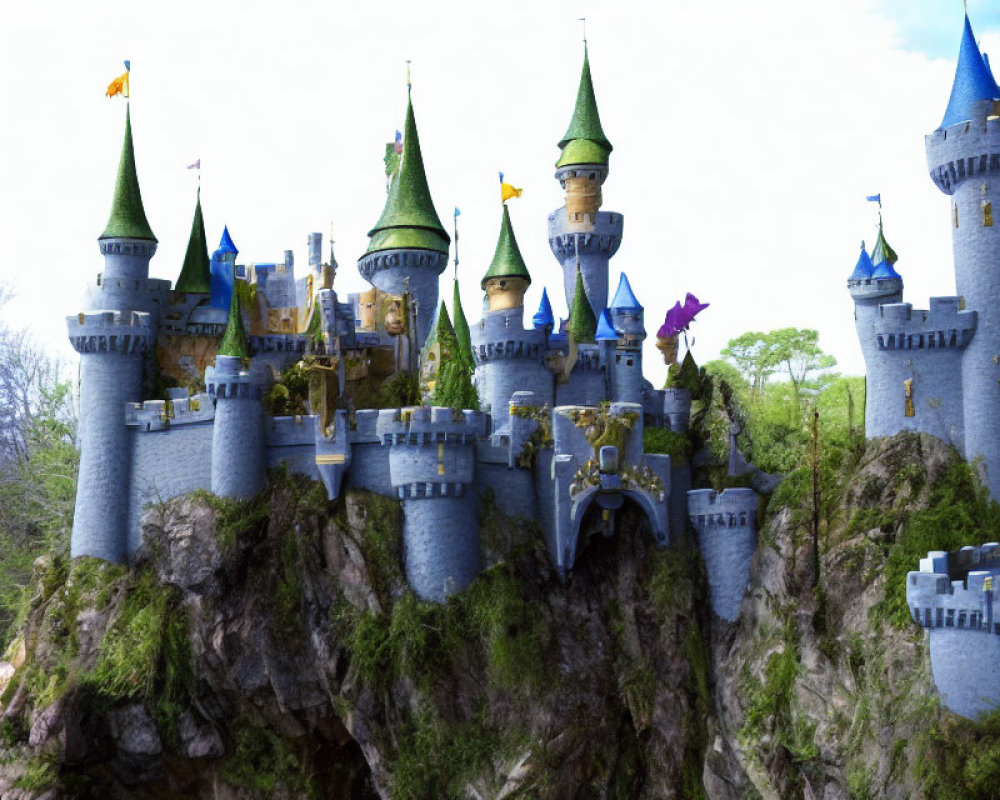 Castle with tall spires and colorful flags on rocky cliff surrounded by greenery