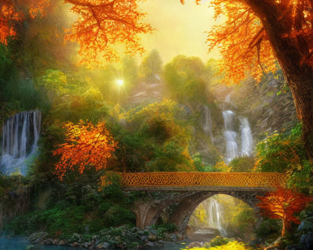 Golden bridge over stream with waterfalls and vibrant autumn foliage in serene scene