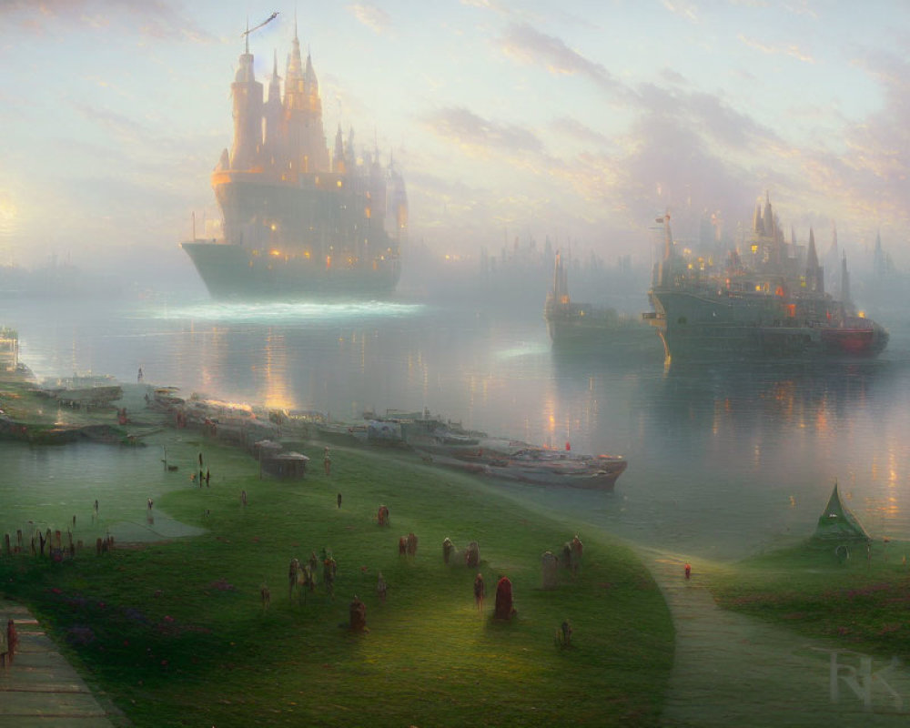 Floating castles above serene riverbank with people, boats, and glowing lights at dawn.