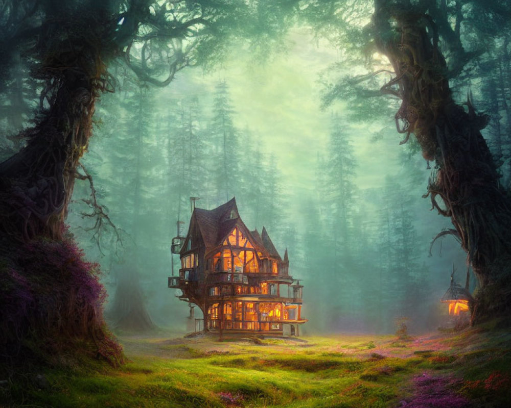 Victorian-style house in mystical forest with purple flowers