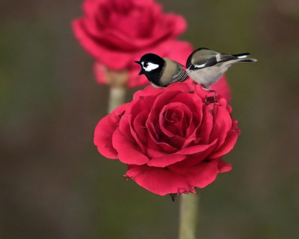 Birds perched on red roses against blurred background