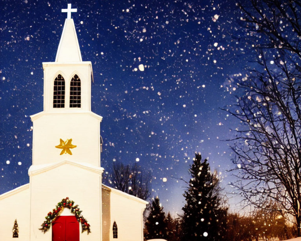 White church with wreath and star under starry snowy night.