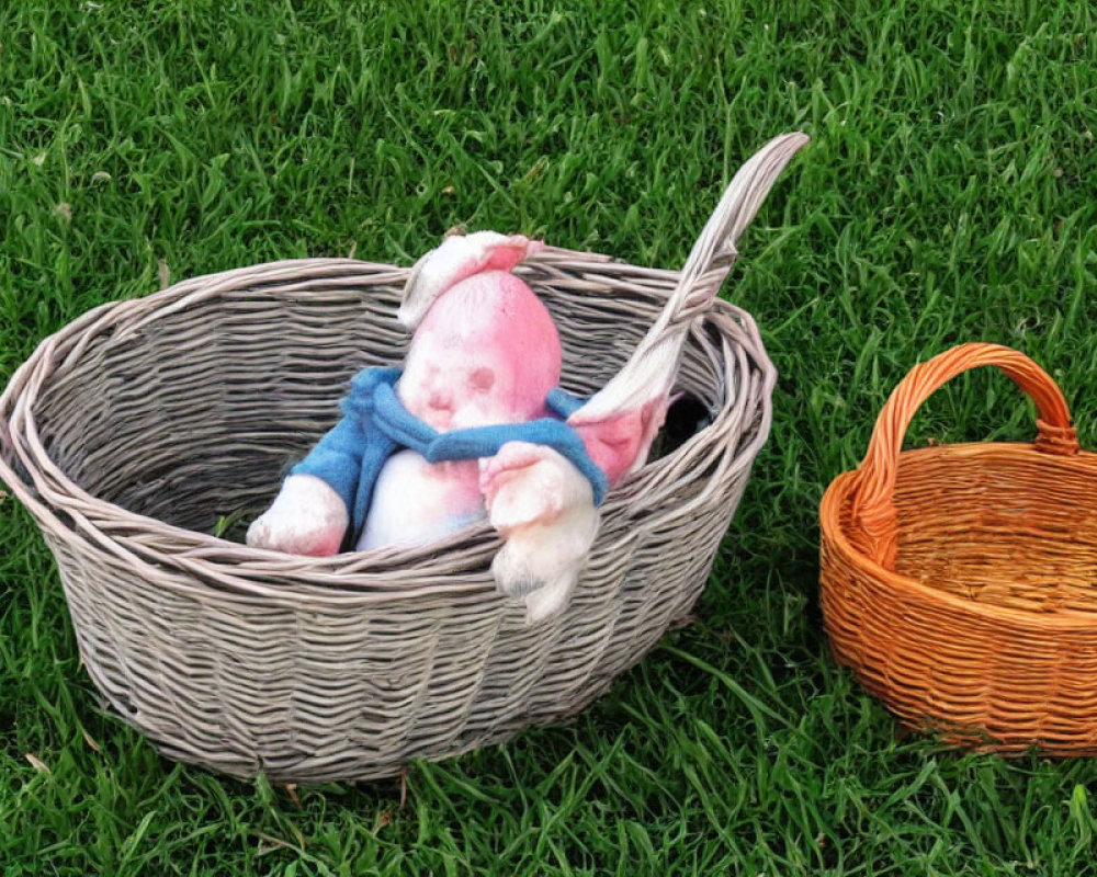 Colorful Stuffed Rabbit in Large Wicker Basket on Green Grass